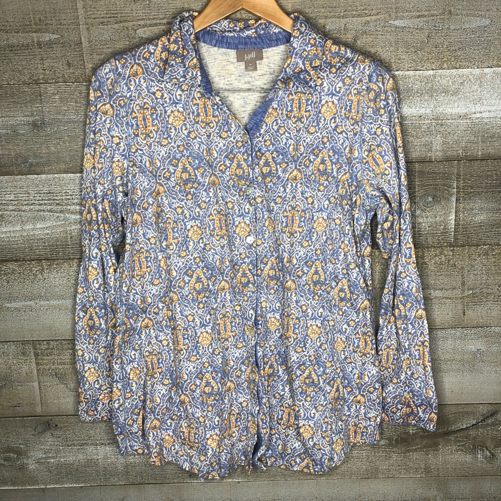 J Jill multi color printed button up lightweight shirt